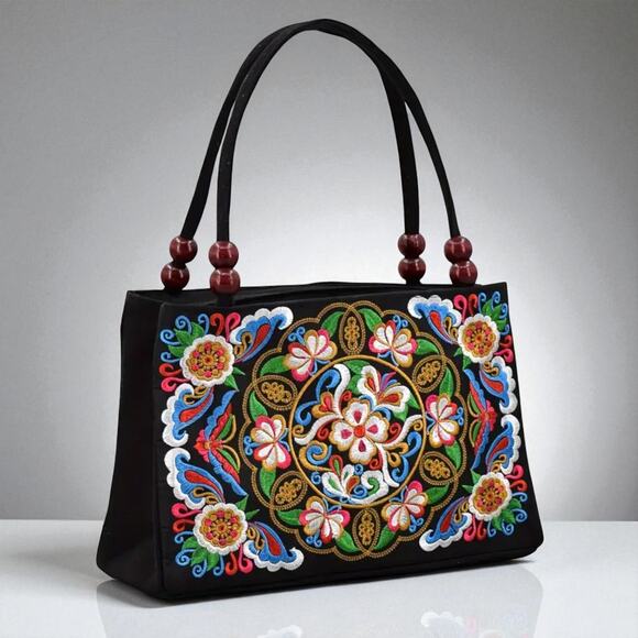 Floral Embroidered Ethnic Handbag Wood Bead Handles Boho - Picture 2 of 9